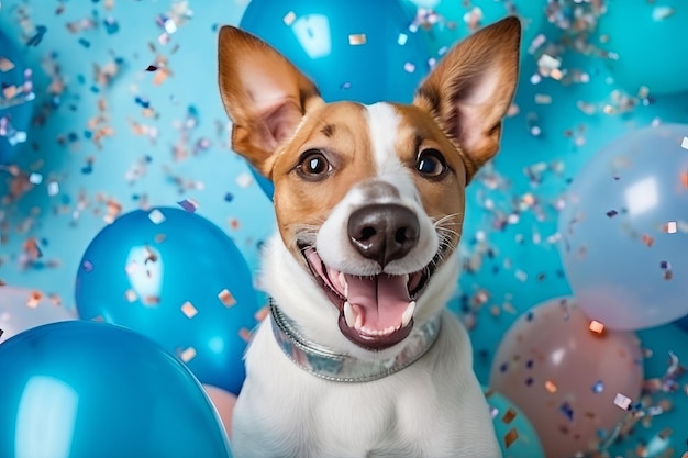 Pies na niebieskim tle otoczony niebieskimi balonami i konfetti