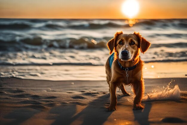 Pies na plaży przy zachodzie słońca