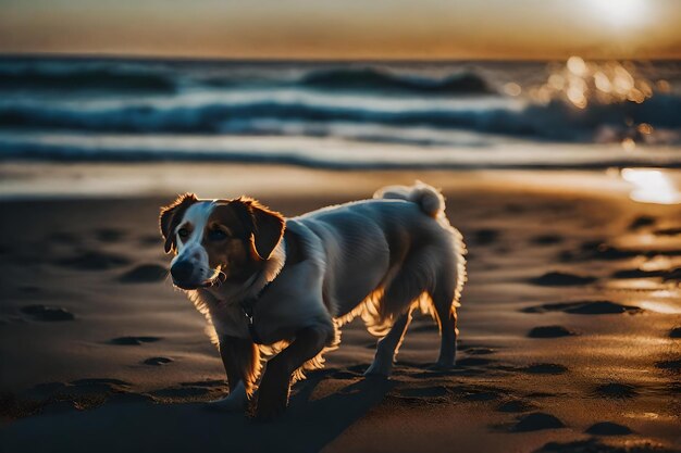 Pies na plaży ze słońcem za sobą.