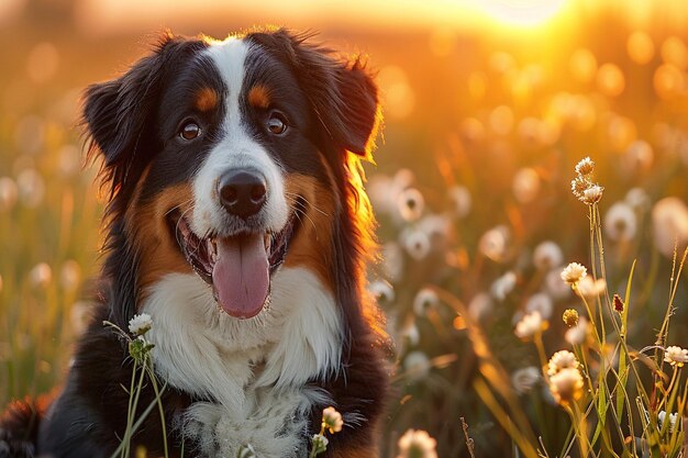 pies na polu kwiatów z słońcem za nim