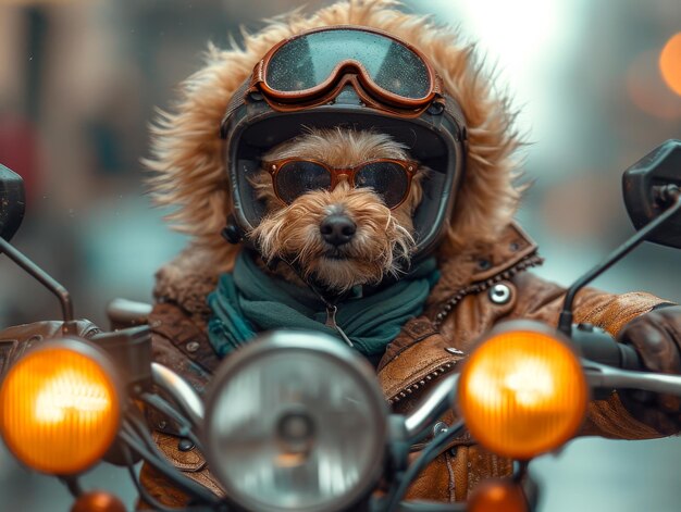 Pies noszący hełm i okulary ochronne na motocyklu