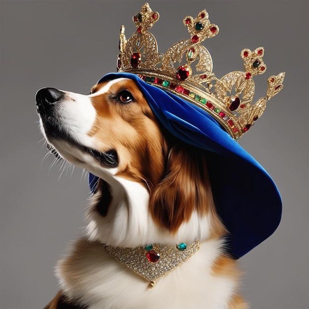 pies noszący koronę z napisem „korona”.