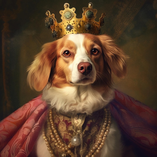 Pies noszący koronę z napisem "pies".