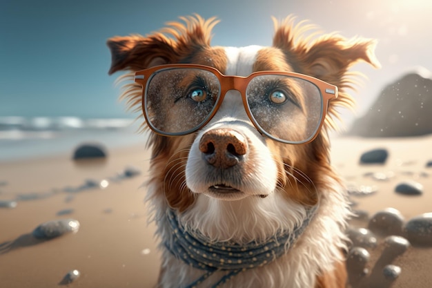 Pies noszący okulary na plaży AI