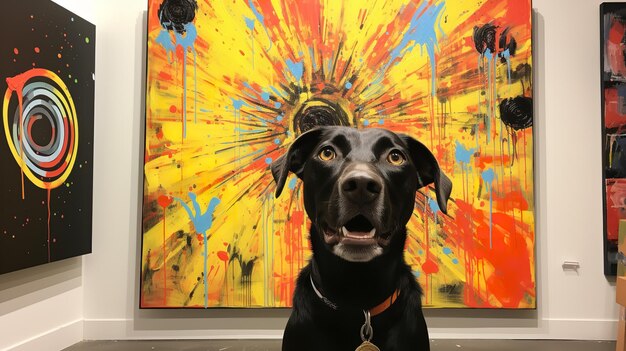Zdjęcie pies obserwuje jego malowidło na ścianie urocza żywa sztuczna inteligencja generatywna