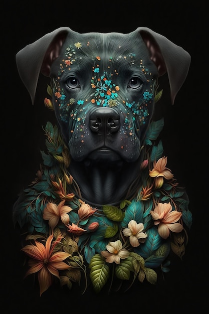 Pies ozdobiony kwiatami na czarnym tle
