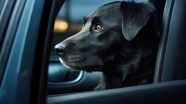 Pies patrzy przez okno samochodu.