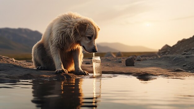 Pies pijący wodę ze szkła, zwierzę w zwolnionym ruchu, zdjęcie Ai generowane przez sztukę