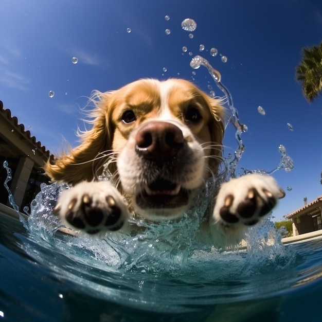 Pies pływa w letnim basenie.