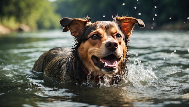 pies pływa w wodzie z otwartymi ustami