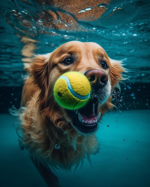 Pies pływa z piłką tenisową w pysku.