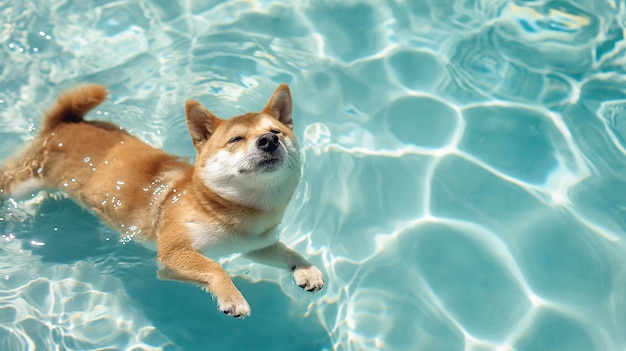 Zdjęcie pies pływający w basenie z nazwą psa na dnie