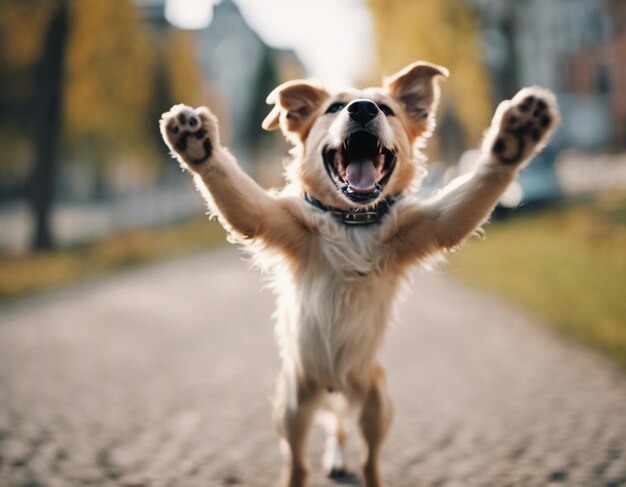 Zdjęcie pies podnoszący obie ręce surowe zdjęcie uroczy hurra szczęśliwy pies