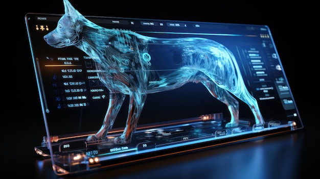 Pies przed wirtualnym ekranem z niebieskim tłem badania lekarskiego