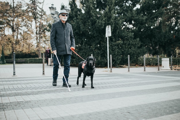 Pies przewodnik pomaga niewidomemu przejść przez ulicę.