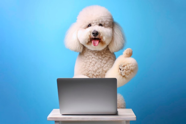 pies pudla z laptopem pokazującym kciuki na kolorowym tle