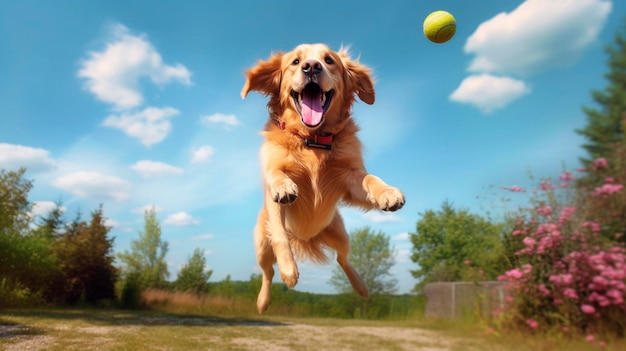 Pies radośnie podskakuje w powietrzu łapiąc piłkę Generative AI