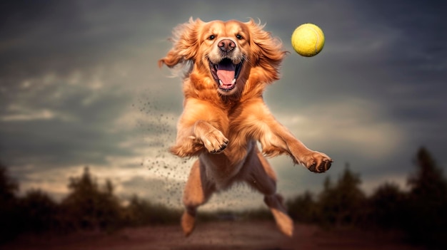 Pies radośnie podskakuje w powietrzu łapiąc piłkę Generative AI