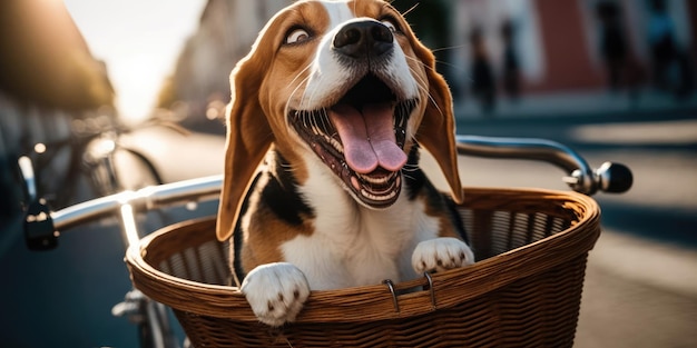 Pies rasy beagle bawi się na rowerze w słoneczny dzień rano latem na ulicy miasta