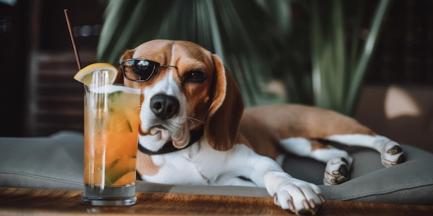 Pies rasy Beagle jest na wakacjach w nadmorskim kurorcie i relaksujący wypoczynek na letniej plaży na Hawajach