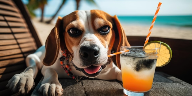 Pies rasy Beagle jest na wakacjach w nadmorskim kurorcie i relaksujący wypoczynek na letniej plaży na Hawajach