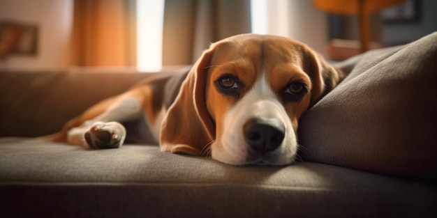 Pies rasy beagle leżący na kanapie