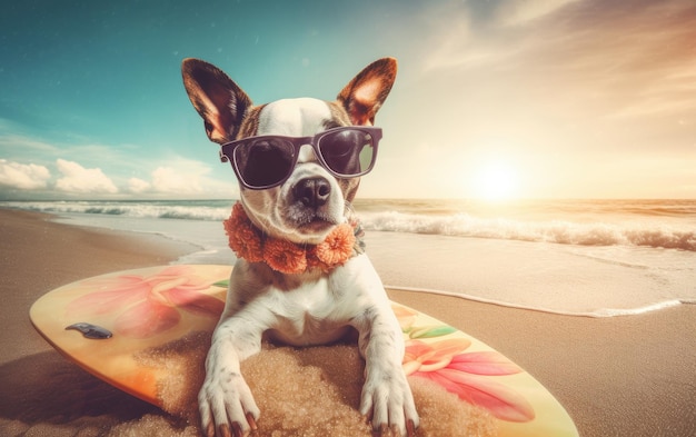 Pies rasy beagle w okularach przeciwsłonecznych i kółku do pływania na niebieskim tle Koncepcja letnich wakacji nad morzem