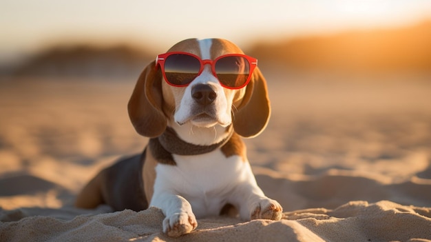 Pies rasy beagle w okularach przeciwsłonecznych siedzi na plaży