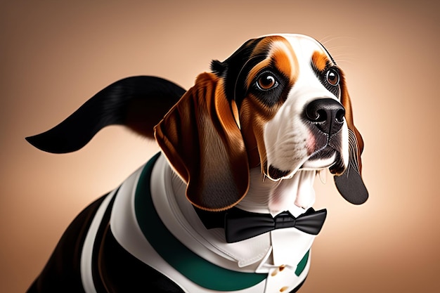 Pies rasy beagle w smokingu Portret zwierzaka w ubraniu Moda na psa