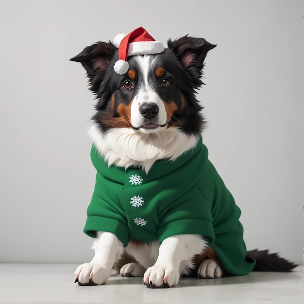 Pies rasy border collie całego ciała ubrany w zielony biały świąteczny sweter santa hat na białym tle