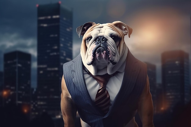 Pies rasy buldog angielski w klasycznym garniturze na tle generatywnej koncepcji biznesowej miasta