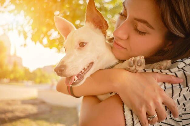 Pies rasy parson russell terrier bawi się w zielonym parku ze swoim właścicielem w okresie letnim lub na początku