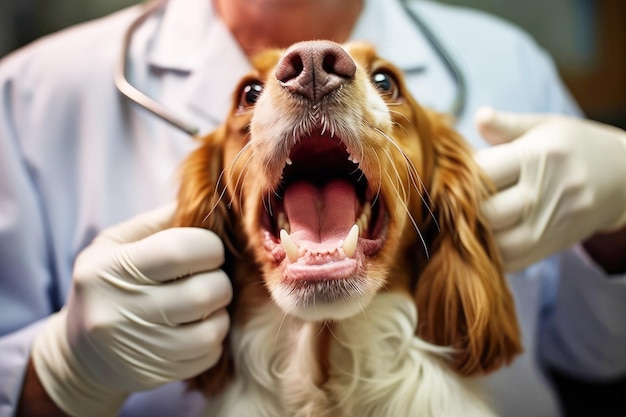 Pies rasy Spaniel na badaniu przez lekarza weterynarii zbliżenie Dbanie o zdrowie zwierząt