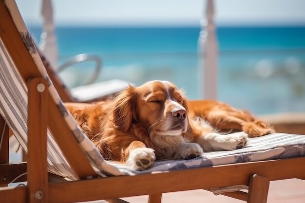 Pies relaksujący się na leżaku z morzem w tle