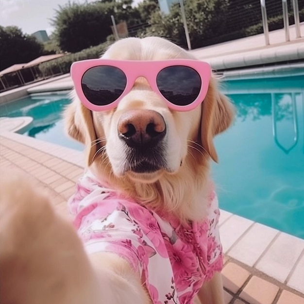 Pies robi zdjęcie selfie na basenie Wygenerowano AI