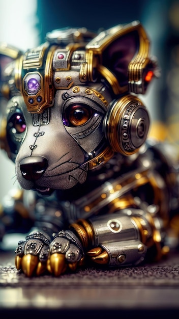 Pies-robot z głową i fioletowym napisem „robot”.