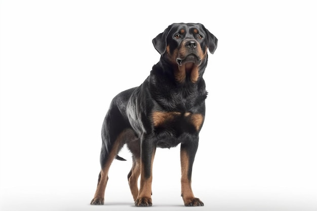 Pies rottweiler stojący przed białym tłem