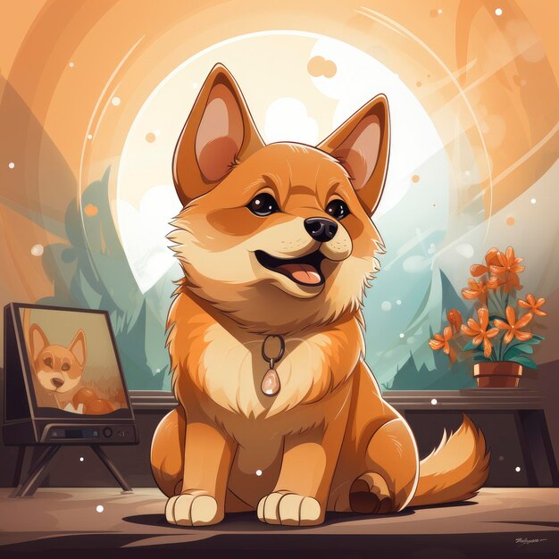 Pies Shiba Inu oglądający telewizję Ilustracja kreskówkowa do drukowania