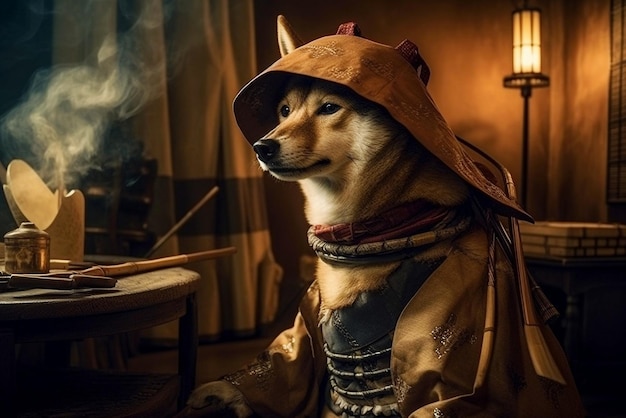 Pies Shiba Inu w tradycyjnym japońskim stroju Generative AI
