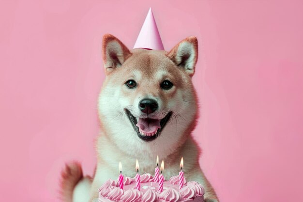 Pies Shiba inu z tortem urodzinowym i świecami na różowym tle