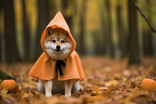 Pies Shiba w kostiumie Halloween Shiba spacerujący po lesie jesienią Generatywna sztuczna inteligencja