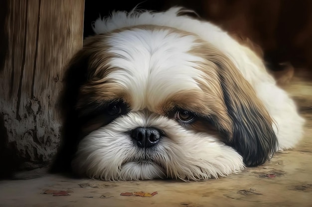 Pies shih tzu zwinięty w kłębek na ziemi i oglądający kamerę