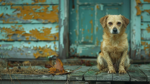 Pies siedzący na drewnianej podłodze przed niebieskimi drzwiami