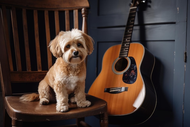 Pies siedzący na drewnianym fotelu bujanym z gitarą w łapach stworzony za pomocą generatywnej ai