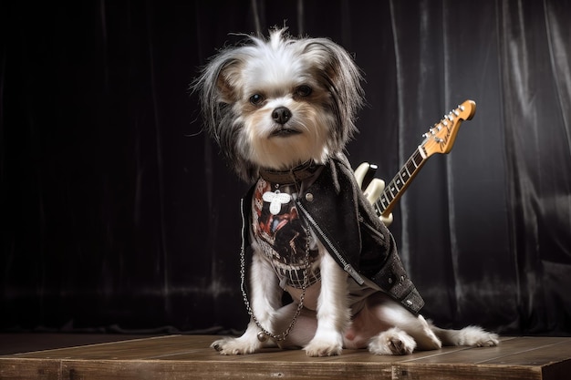 Pies Siedzący Na Scenie Z Gitarą I Strojem Gwiazdy Rocka Gotowy Do Pokazu Stworzony Za Pomocą Generatywnej Sztucznej Inteligencji