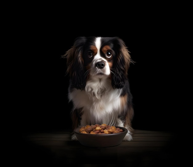 Pies siedzący obok miski z karmą dla psów Generative AI