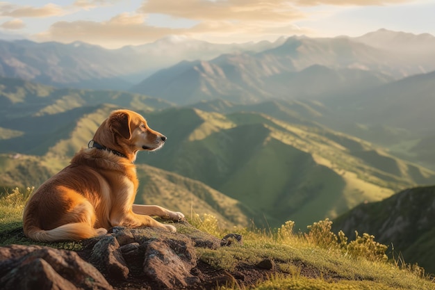 Pies siedzący w środku spokojnego krajobrazu naturalnego