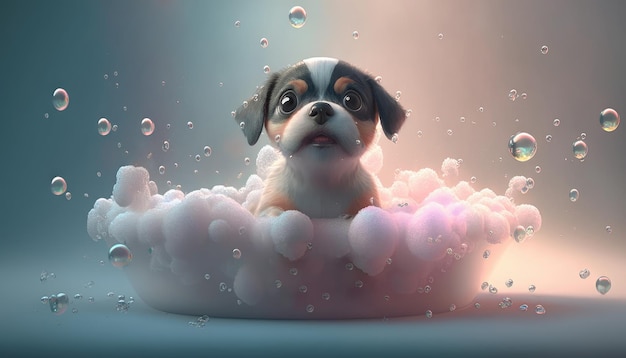 Pies siedzi na kąpieli bąbelkowej w chmurze mydła.