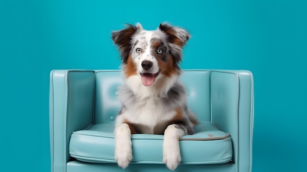 Pies siedzi na niebieskim krześle przed turkusowym tłem.