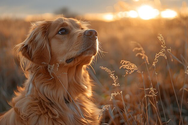 Zdjęcie pies siedzi na polu z słońcem za sobą.